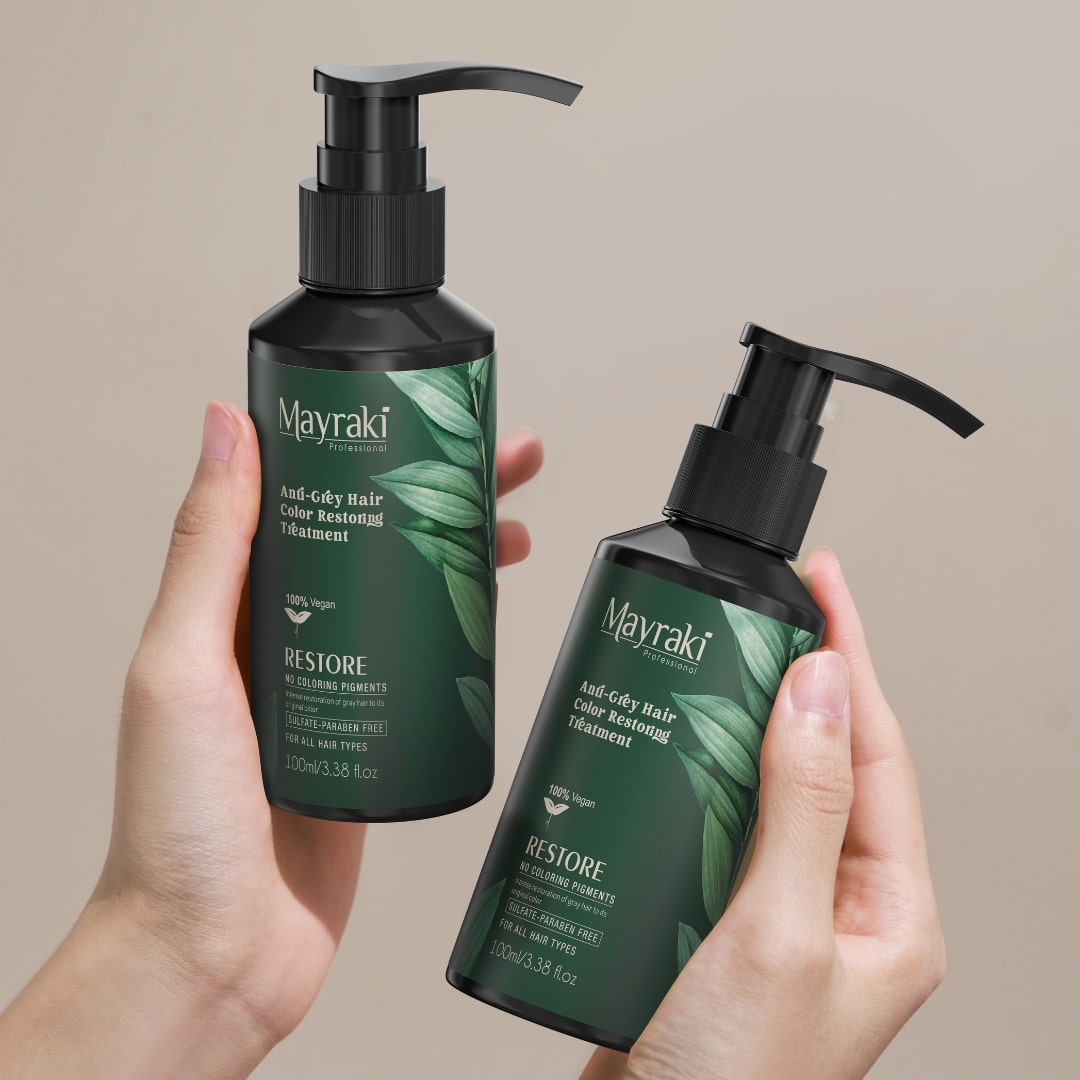 Mayraki Anti Grey Restoring Treatment - Grey hair treatment to reverse grey hair, improve grey hair texture, restore color naturally | 100 ml/3.38 fl. oz  Set of 2 | New Packaging