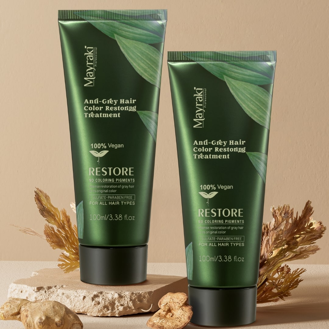 Mayraki Anti Grey Restoring Treatment - Grey hair treatment to reverse grey hair, improve grey hair texture, restore color naturally | 100 ml/3.38 fl. oz  Set of 2 | New Packaging