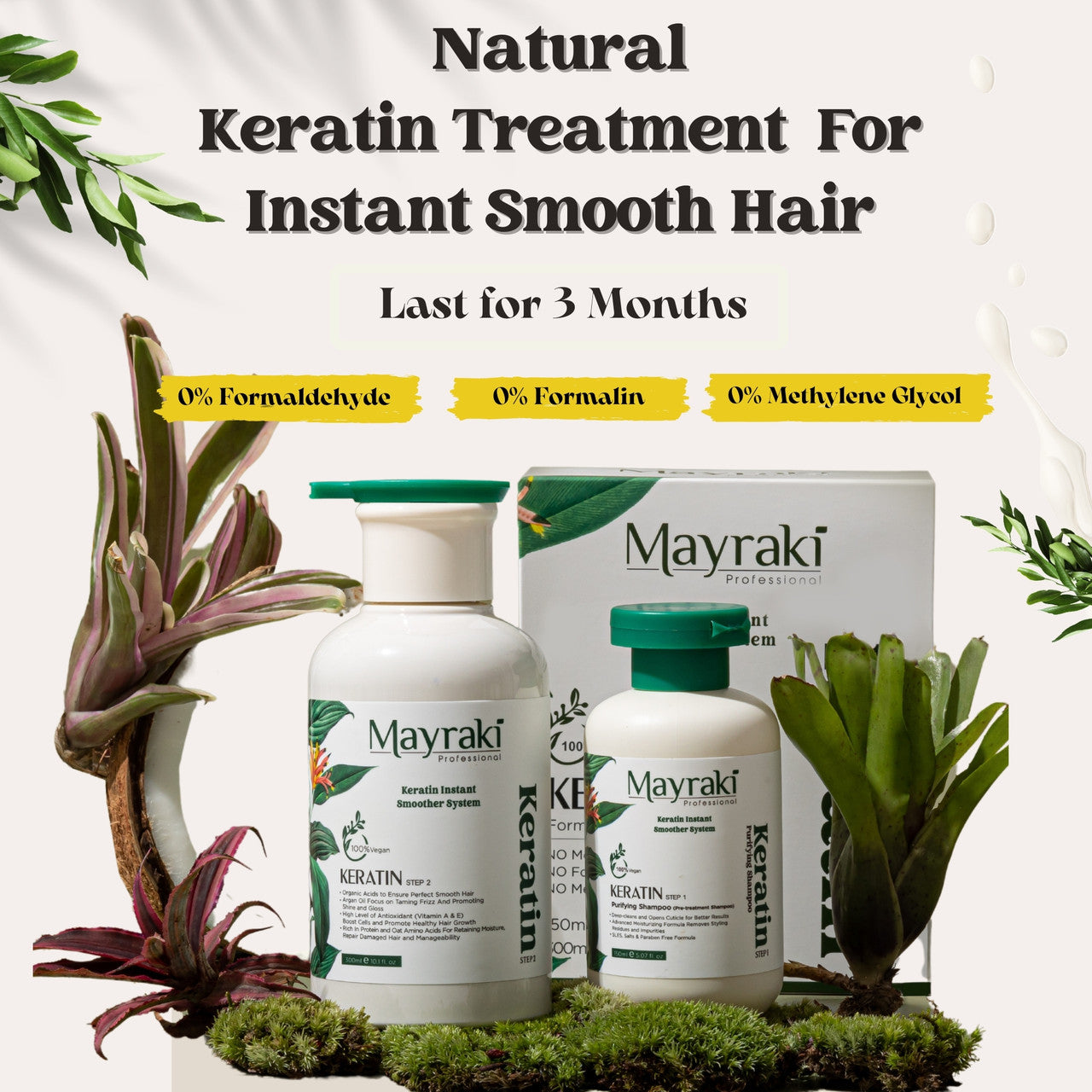 Mayraki Organic Hydrolyzed Keratin Instant Smoother System - Organic Keratin treatment for damaged hair, organic keratin treatment at home, natural Brazilian blowout for instant smooth hair | 6th Generation, Formaldehyde-free, Set of 2
